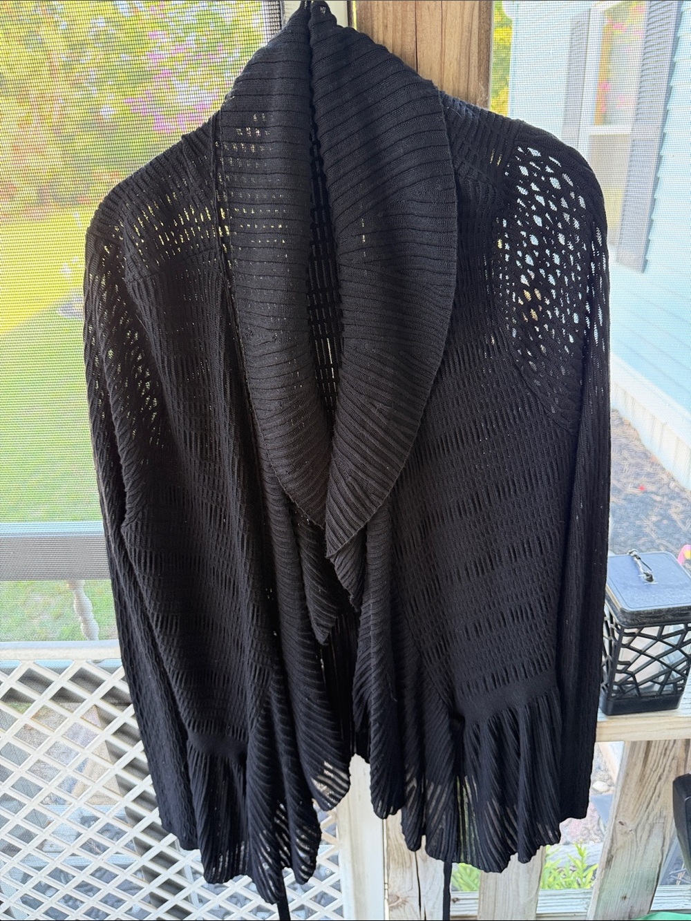 White House Black Market Black Open-Weave Shawl Collar Cardigan XL